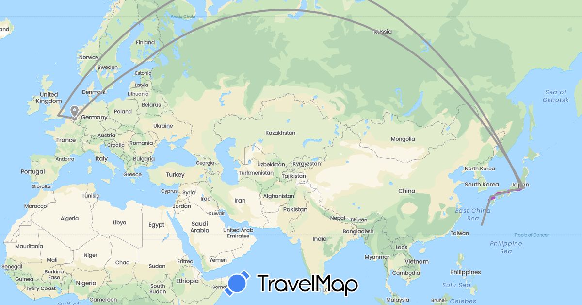 TravelMap itinerary: driving, plane, train in Belgium, Finland, United Kingdom, Japan (Asia, Europe)